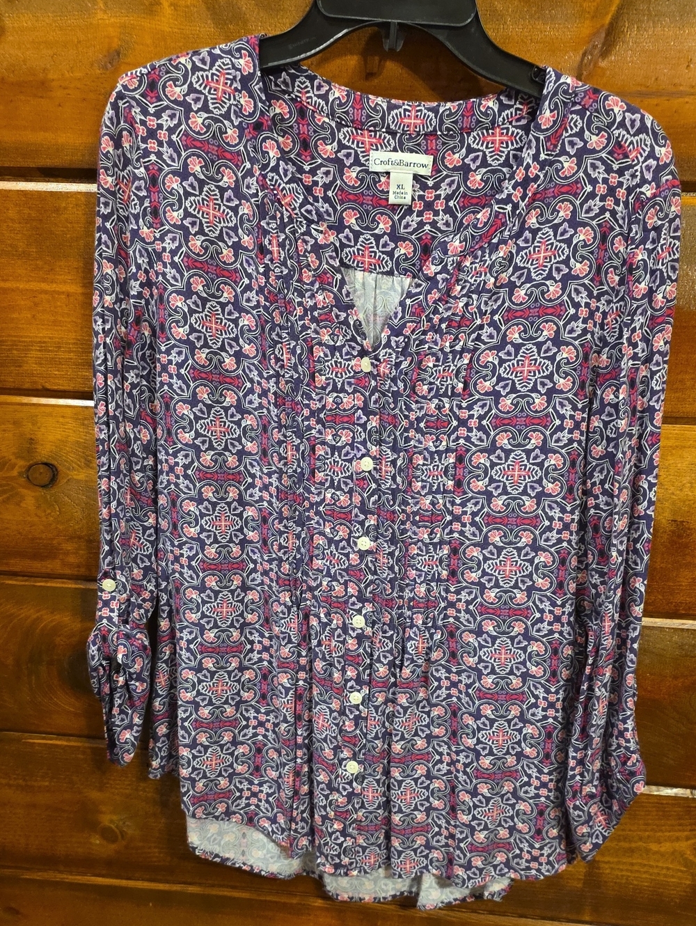 Croft & Barrow Navy and Pink Printed Button-Front Blouse